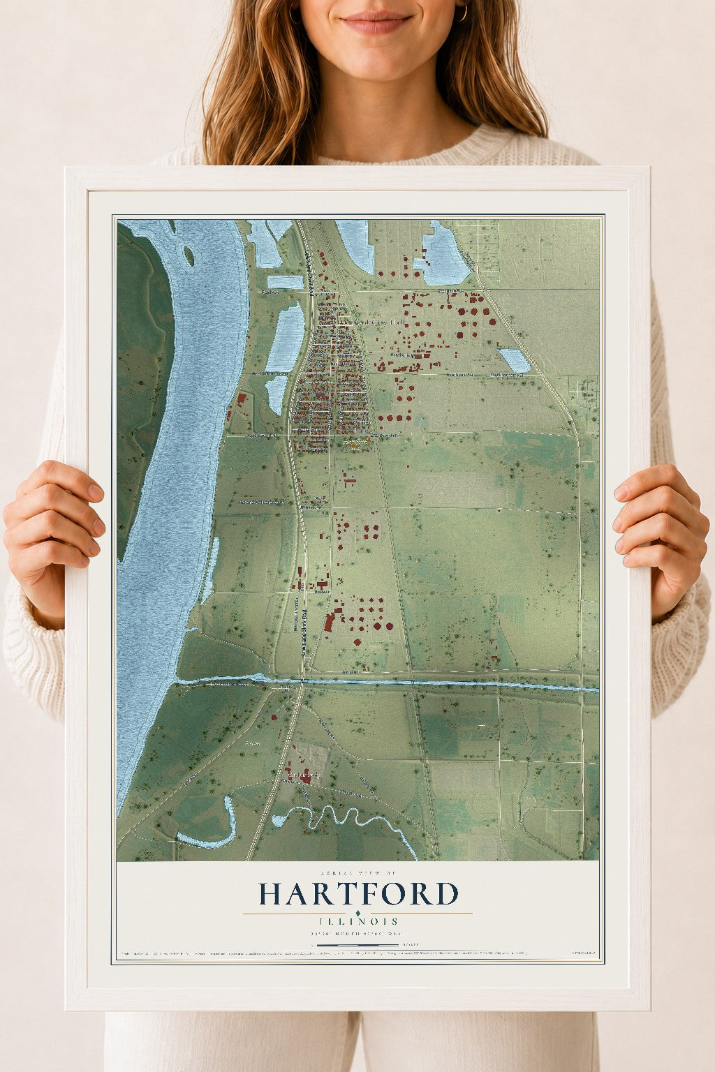Map of Hartford, Illinois, 18 x 24 inch print in a white wood frame