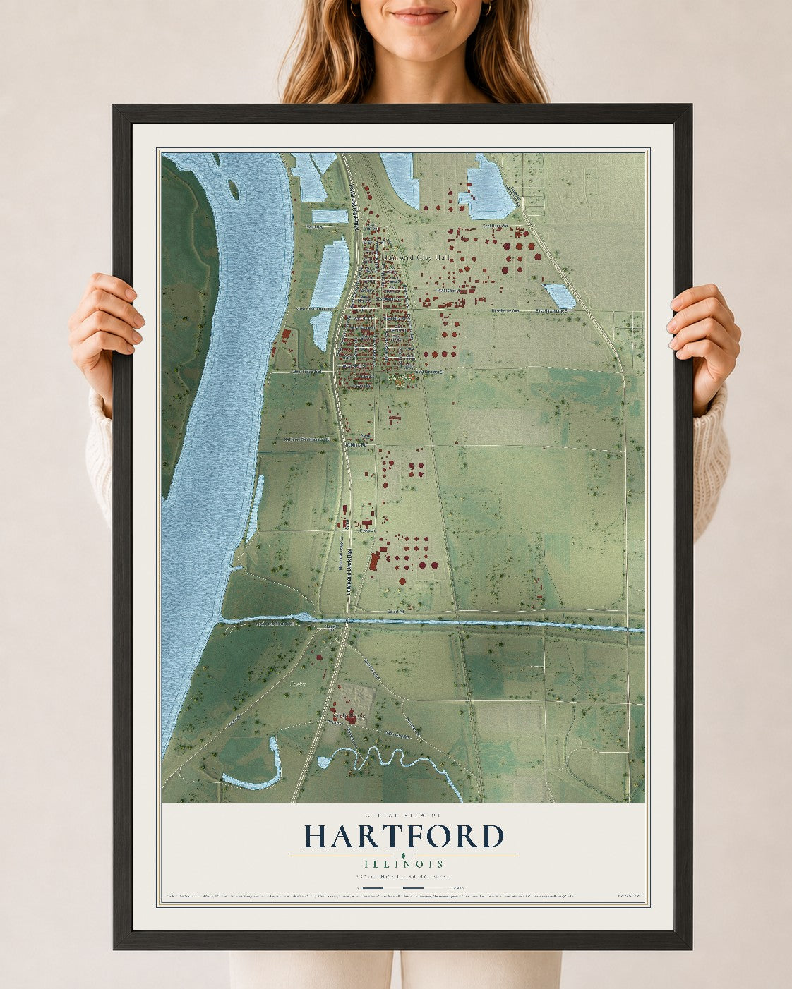 Map of Hartford, Illinois, 24 x 36 inch print in a black wood frame
