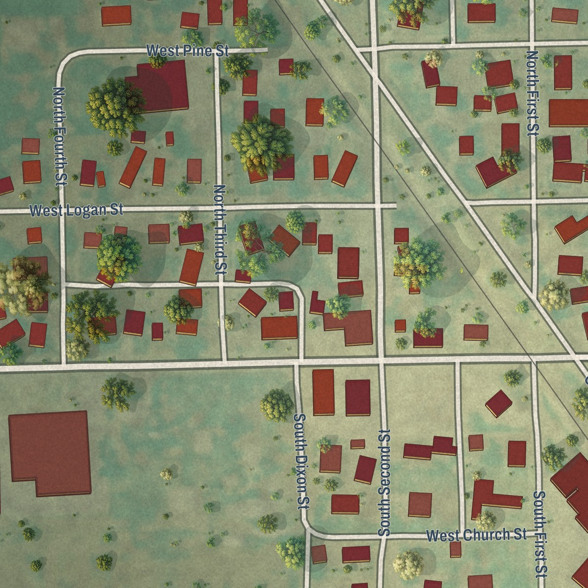 Close-up of the map of Hartsburg, Illinois print showing street and building detail