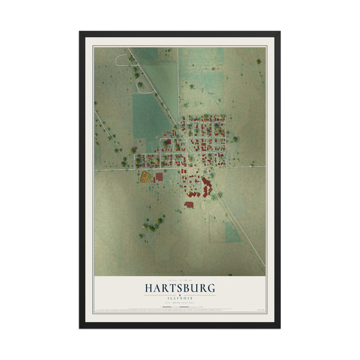 Map of Hartsburg, Illinois, 12 x 18 inch print in a black wood frame