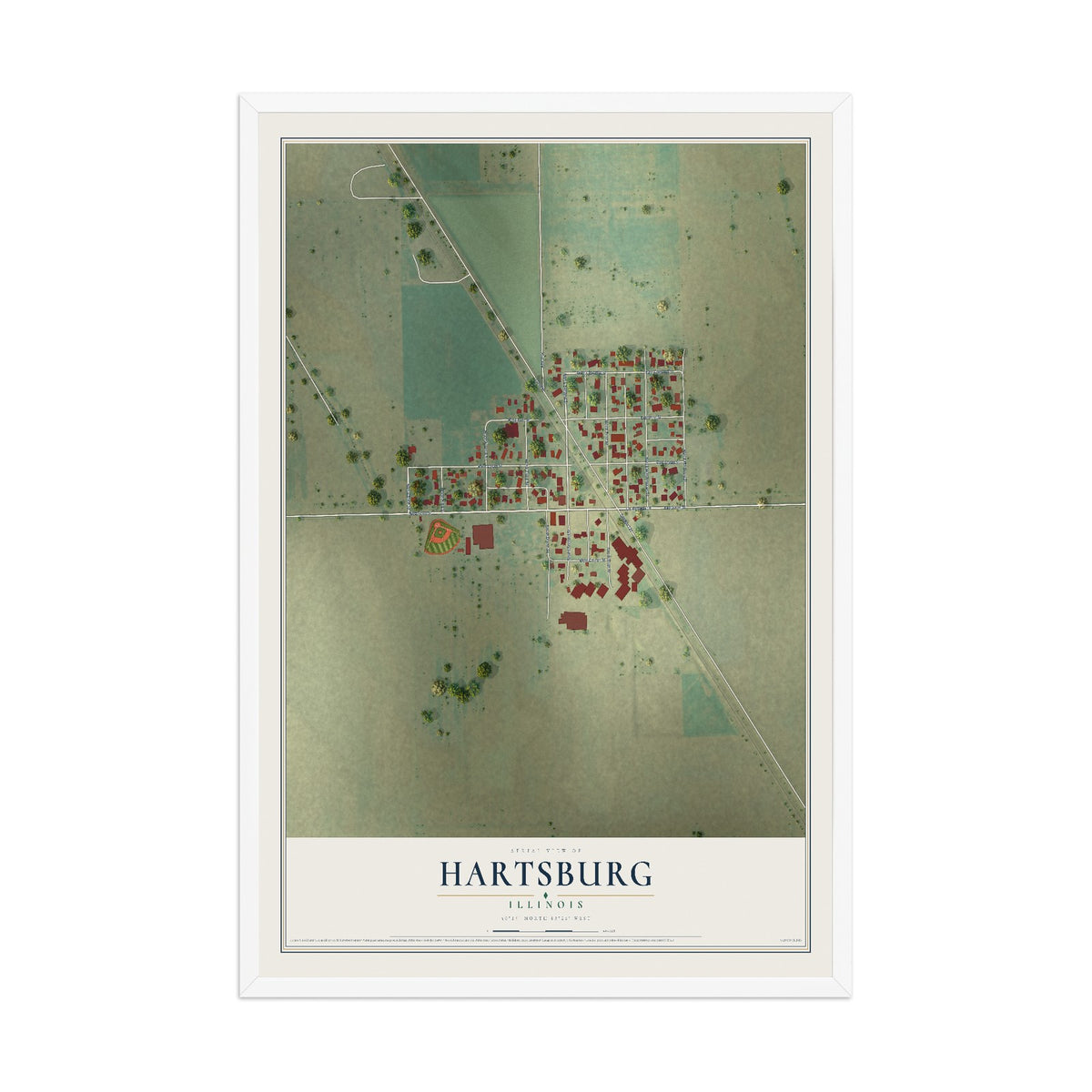 Map of Hartsburg, Illinois, 12 x 18 inch print in a white wood frame