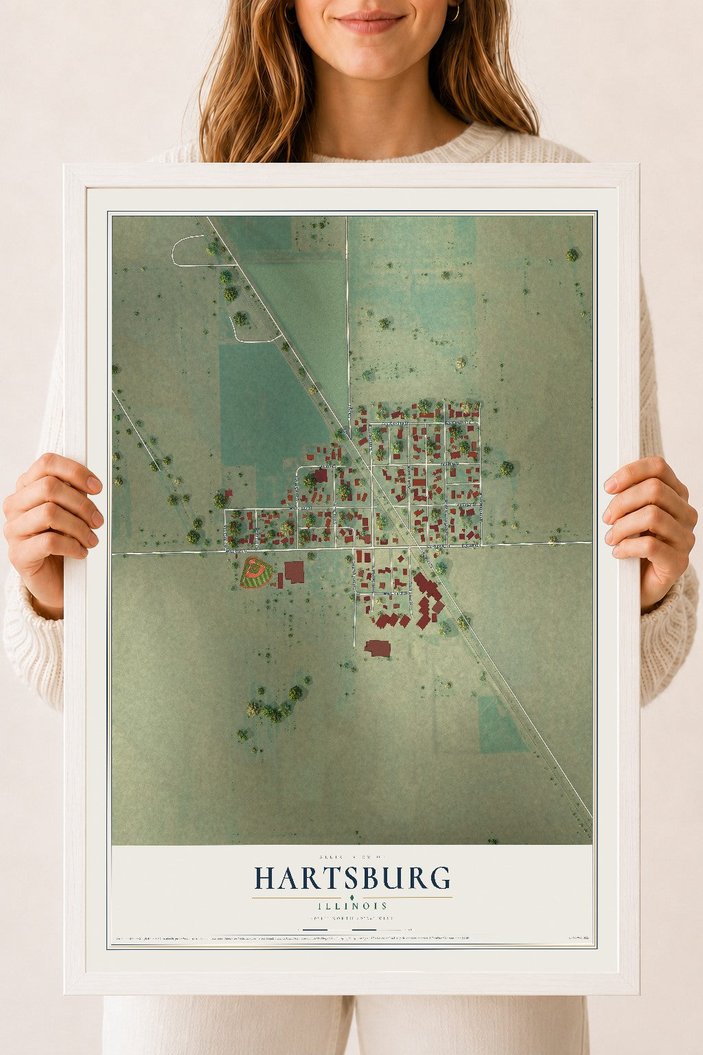 Map of Hartsburg, Illinois, 18 x 24 inch print in a white wood frame