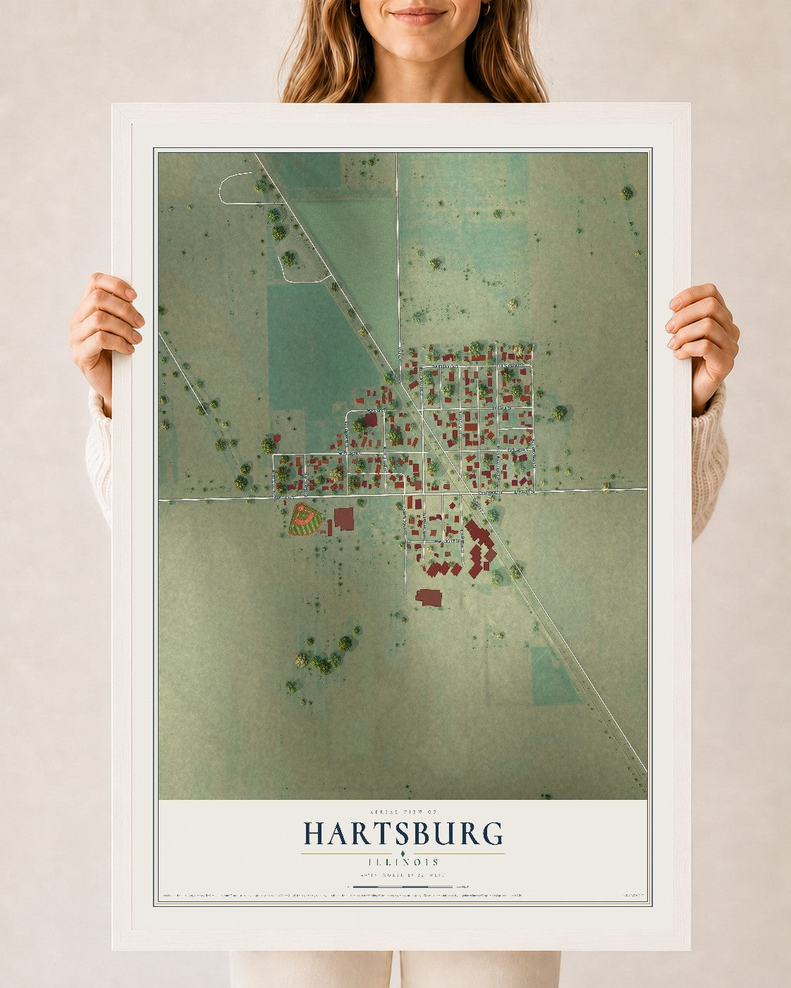 Map of Hartsburg, Illinois, 24 x 36 inch print in a white wood frame