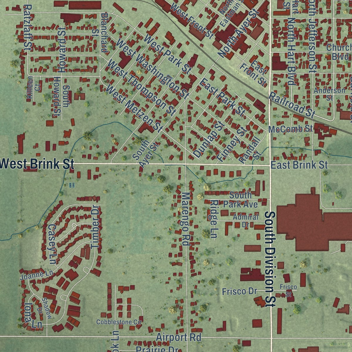Close-up of the map of Harvard, Illinois print showing street and building detail