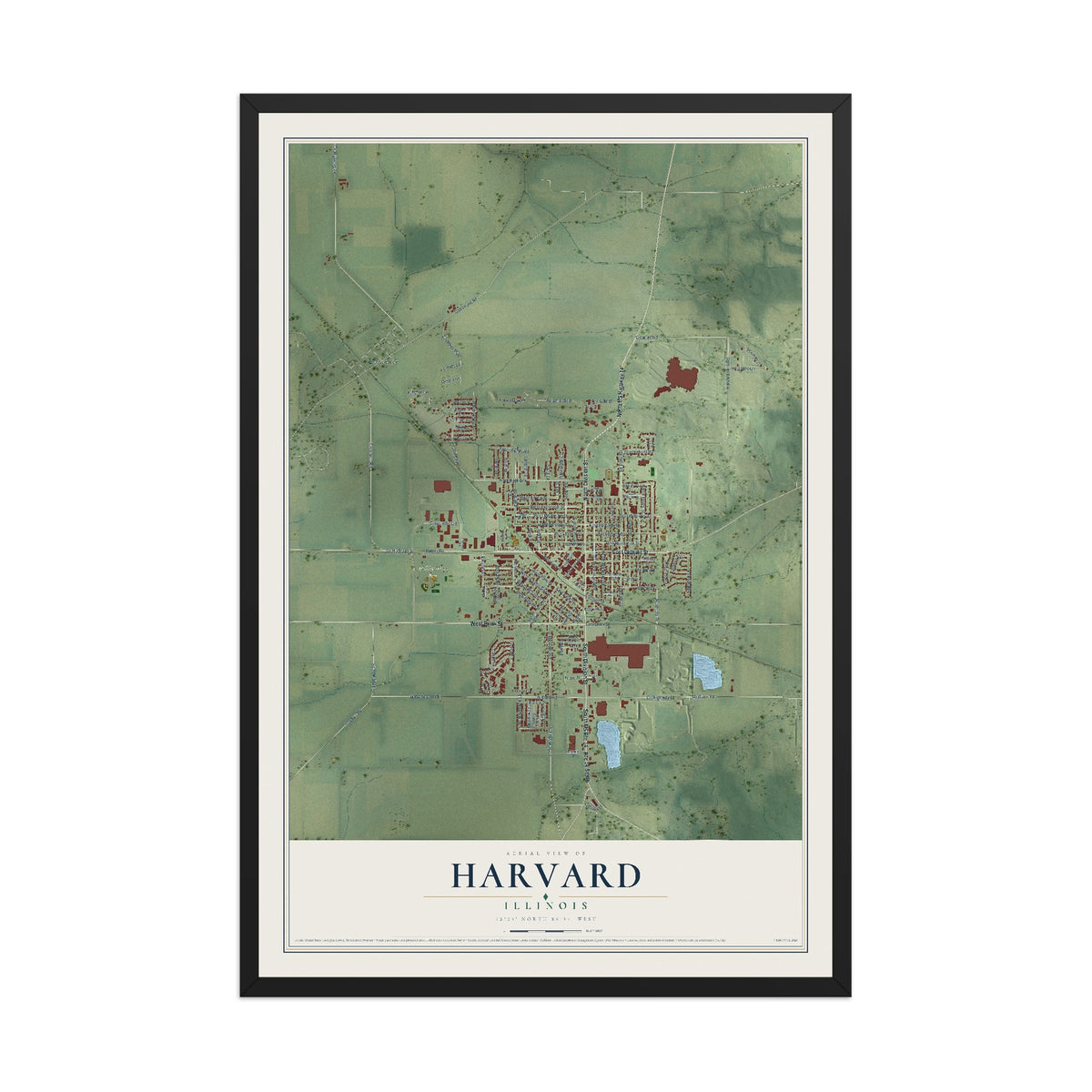 Map of Harvard, Illinois, 12 x 18 inch print in a black wood frame