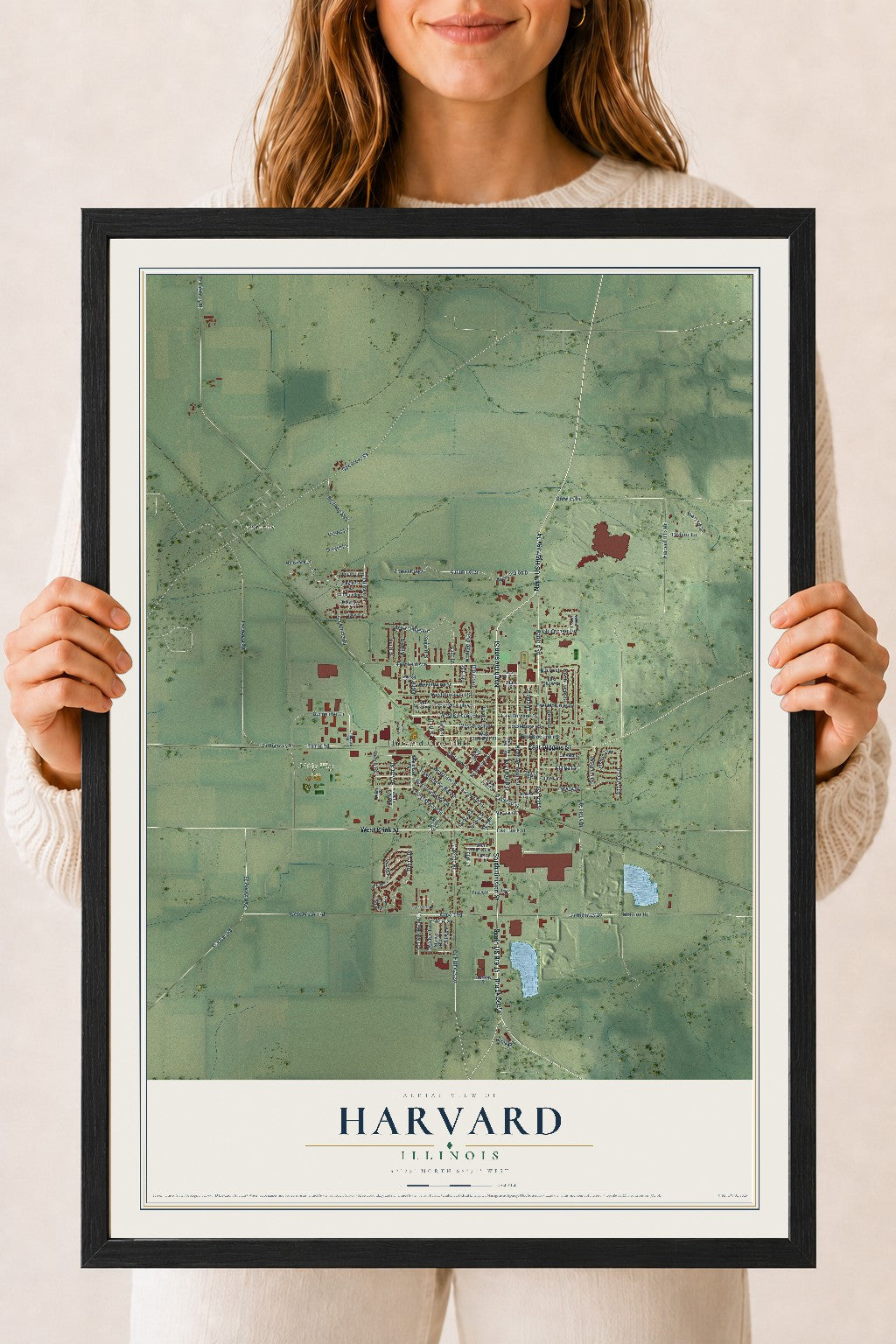 Map of Harvard, Illinois, 18 x 24 inch print in a black wood frame