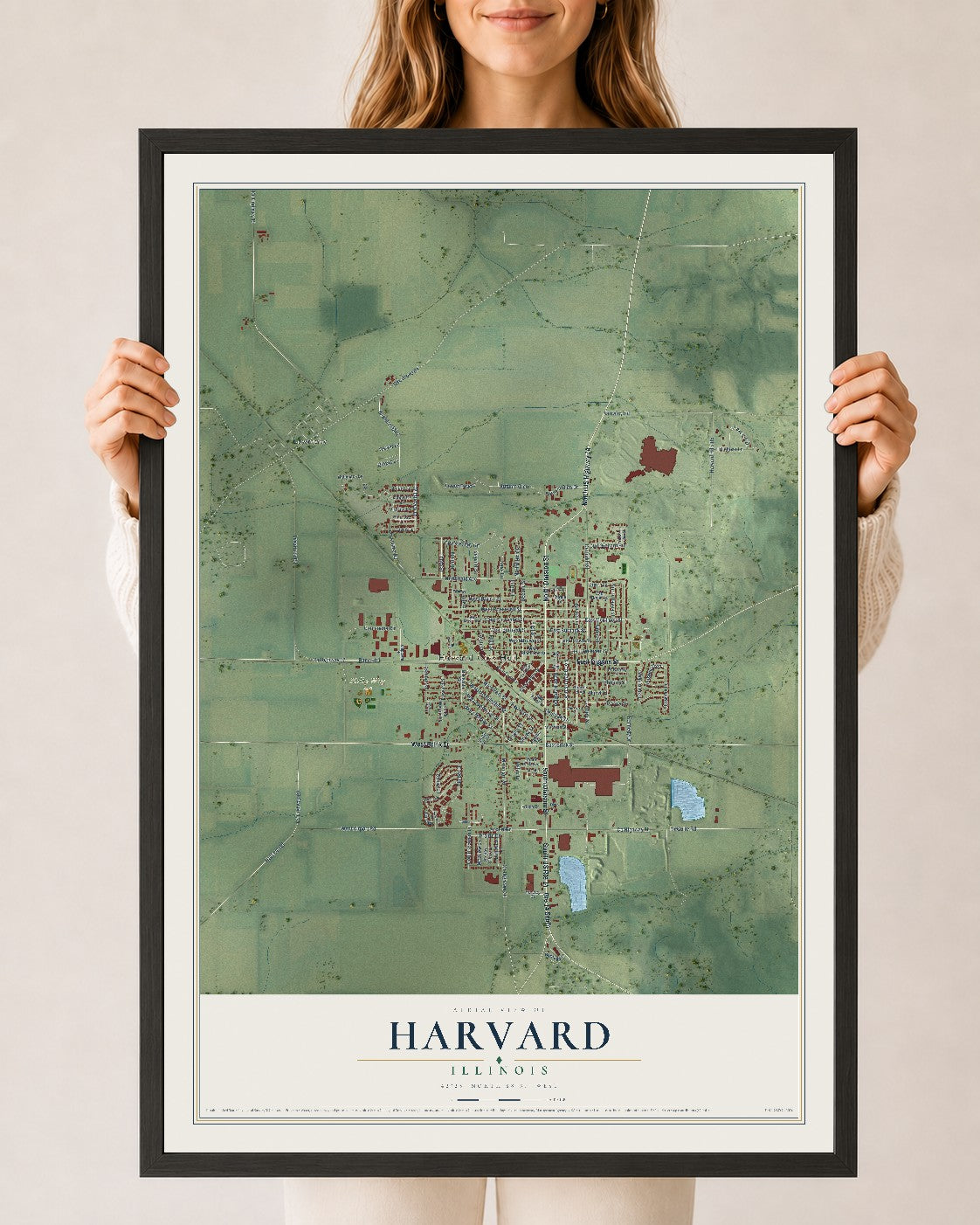 Map of Harvard, Illinois, 24 x 36 inch print in a black wood frame