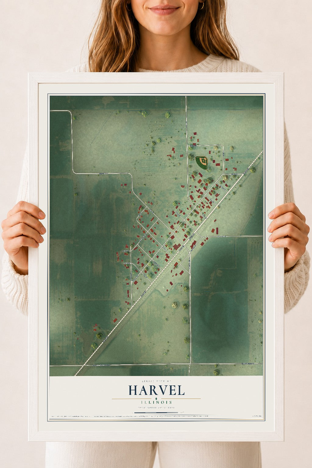 Map of Harvel, Illinois, 18 x 24 inch print in a white wood frame