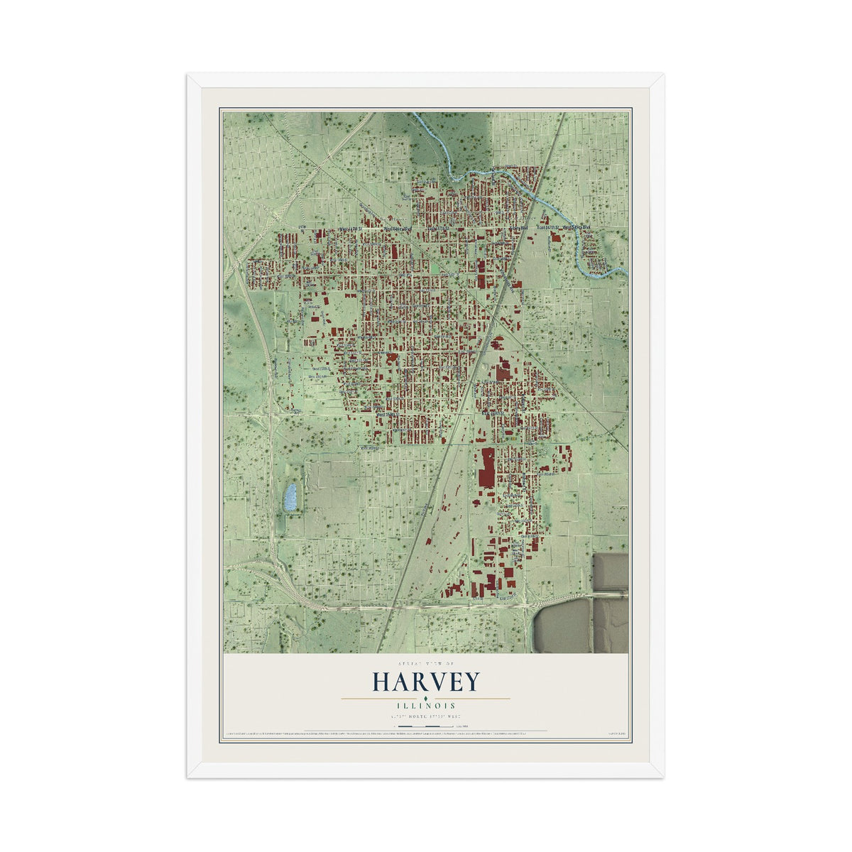 Map of Harvey, Illinois, 12 x 18 inch print in a white wood frame