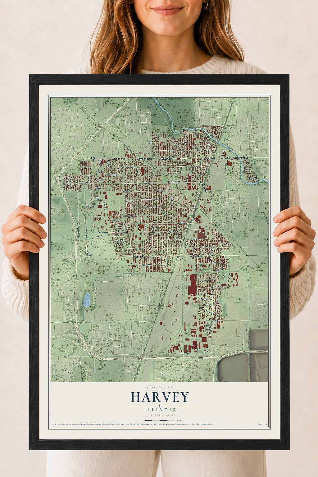 Map of Harvey, Illinois, 18 x 24 inch print in a black wood frame