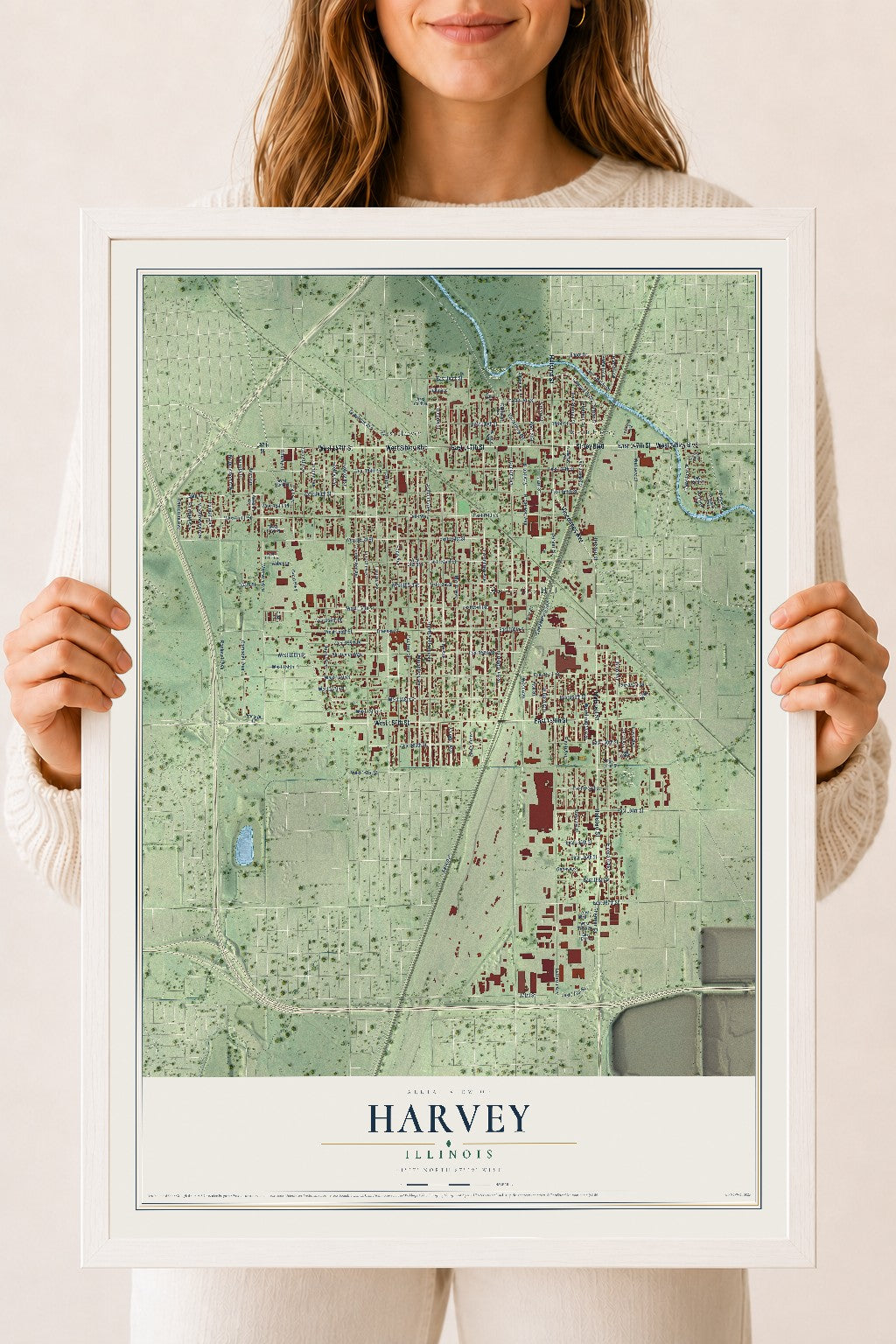 Map of Harvey, Illinois, 18 x 24 inch print in a white wood frame