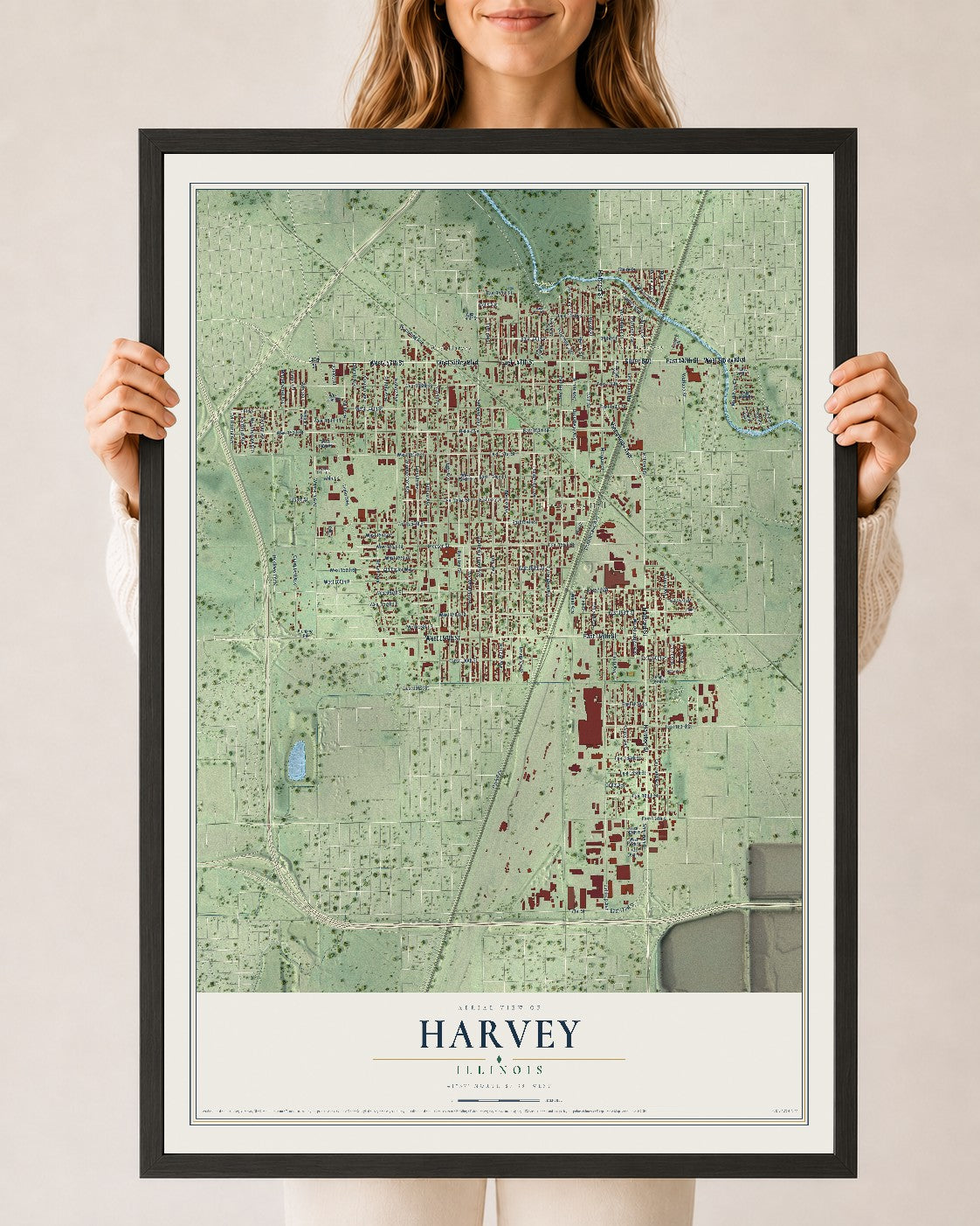 Map of Harvey, Illinois, 24 x 36 inch print in a black wood frame