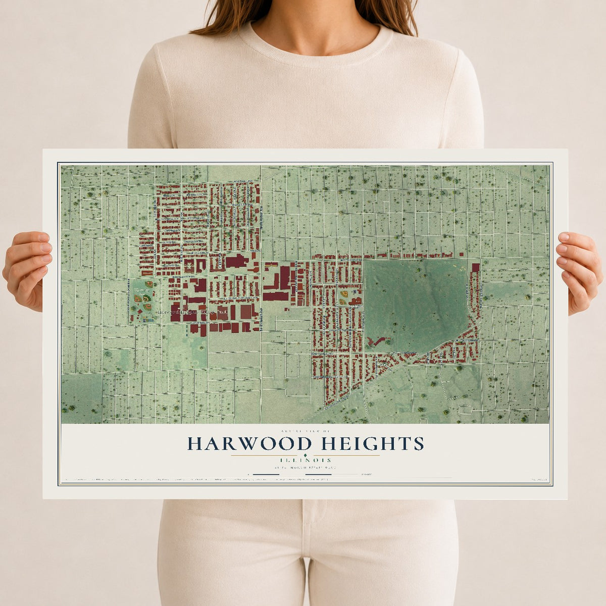 Map of Harwood Heights, Illinois, 12 x 18 inch unframed archival matte print