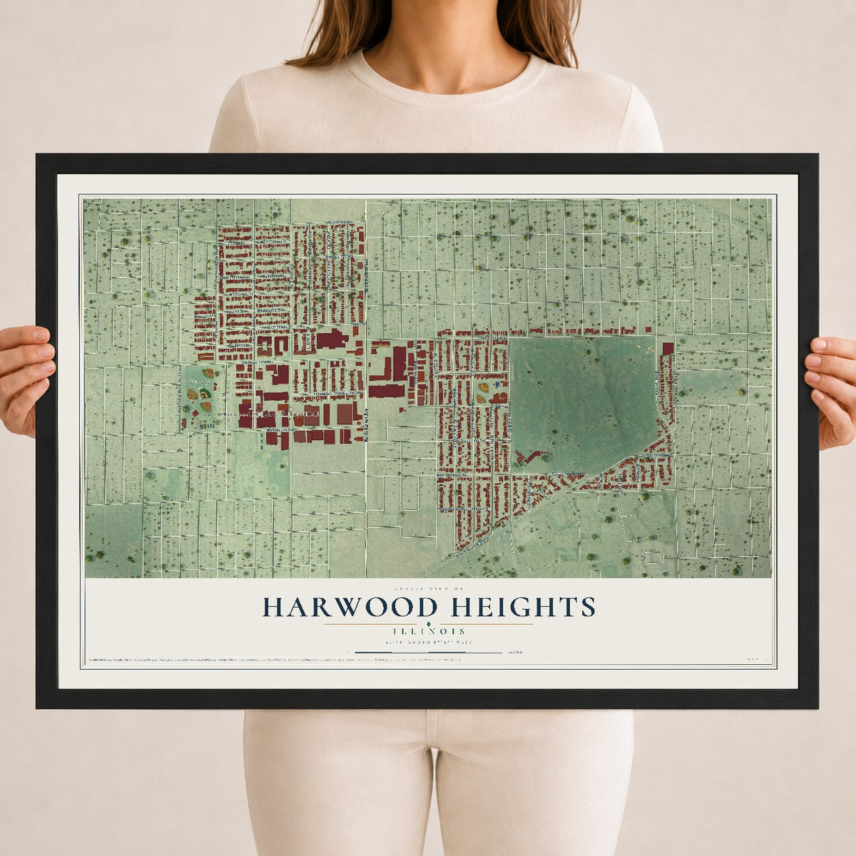 Map of Harwood Heights, Illinois, 18 x 24 inch print in a black wood frame