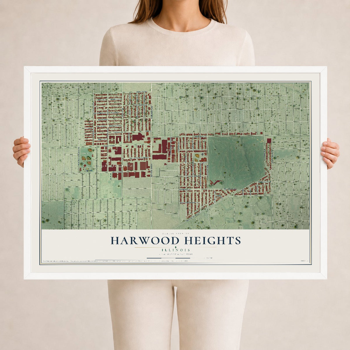 Map of Harwood Heights, Illinois, 24 x 36 inch print in a white wood frame