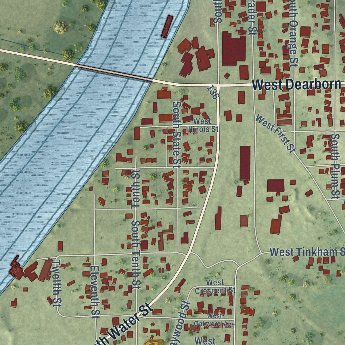Second close-up of the map of Havana, Illinois print showing more streets and buildings