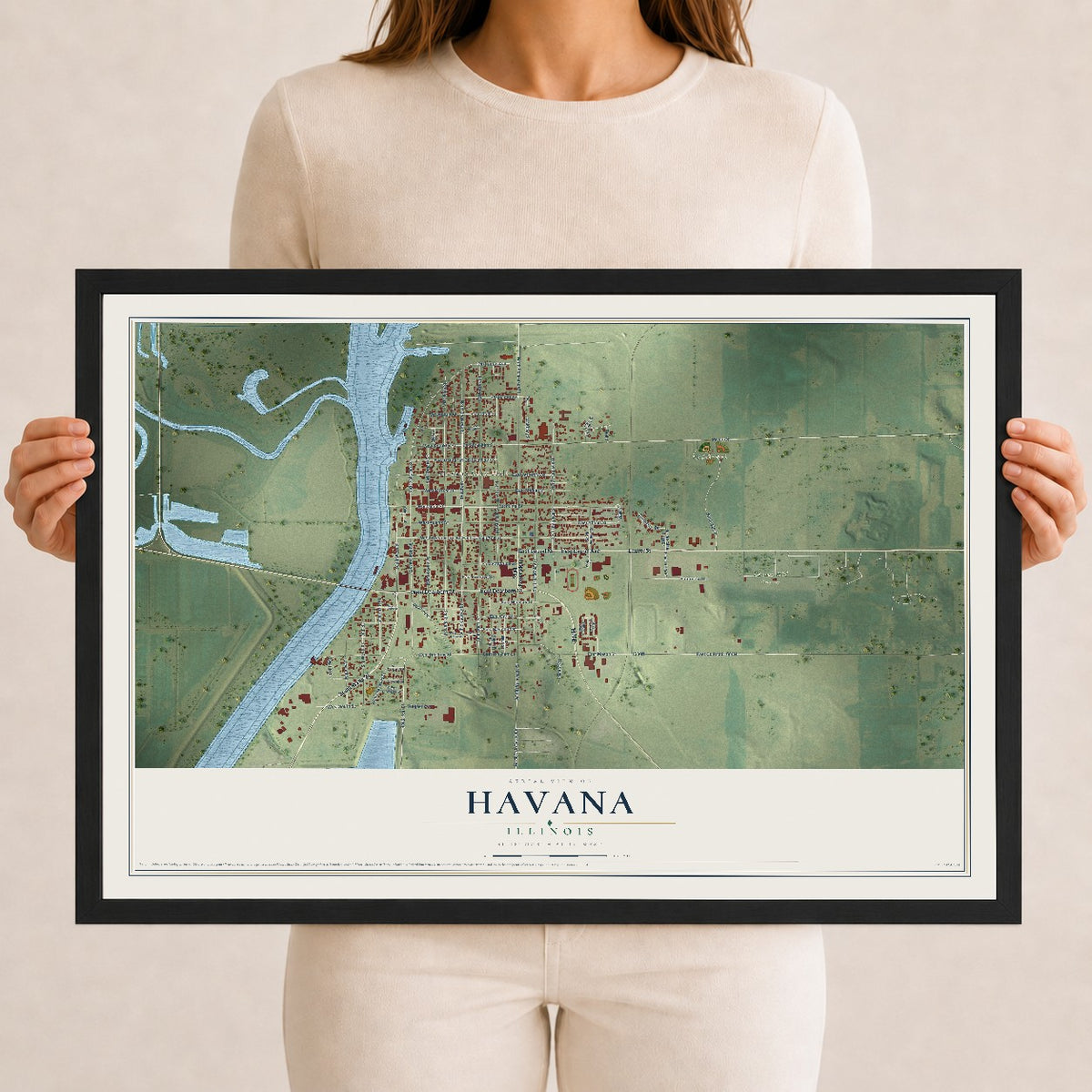 Map of Havana, Illinois, 12 x 18 inch print in a black wood frame