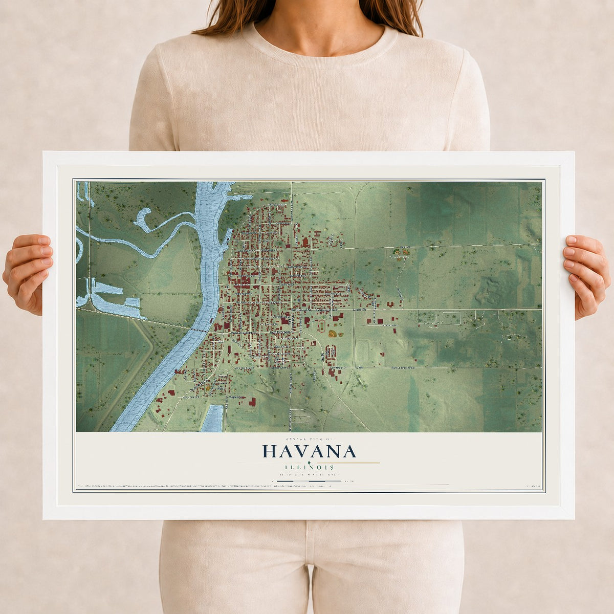 Map of Havana, Illinois, 12 x 18 inch print in a white wood frame