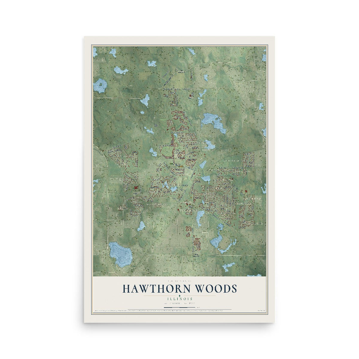 Map of Hawthorn Woods, Illinois, 12 x 18 inch unframed archival matte print