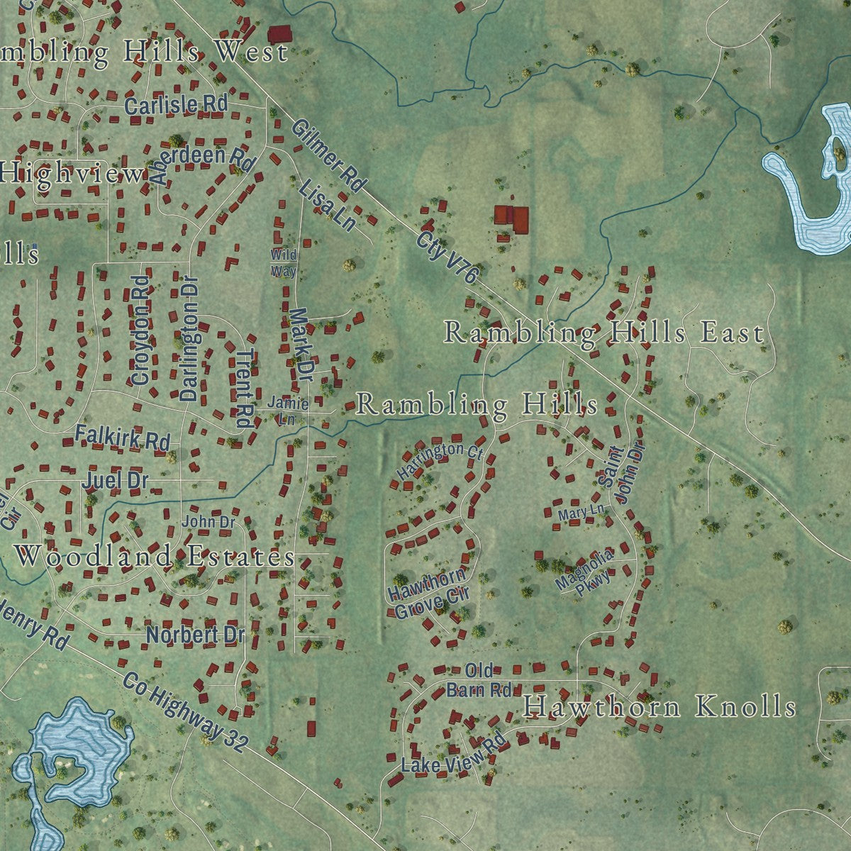 Second close-up of the map of Hawthorn Woods, Illinois print showing more streets and buildings