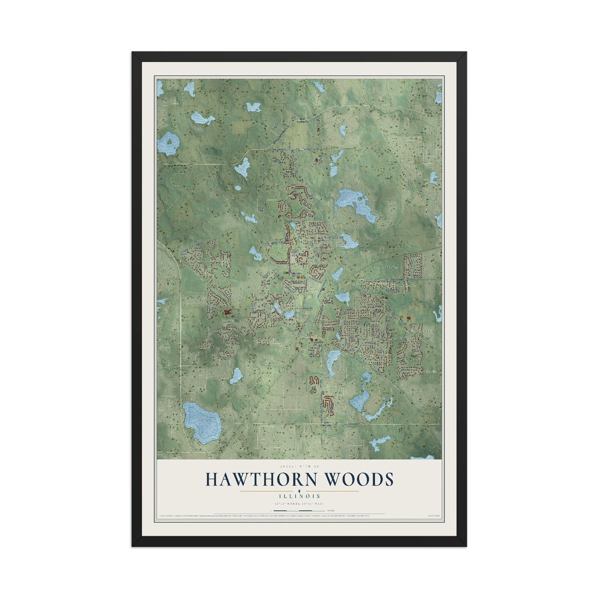 Map of Hawthorn Woods, Illinois, 12 x 18 inch print in a black wood frame