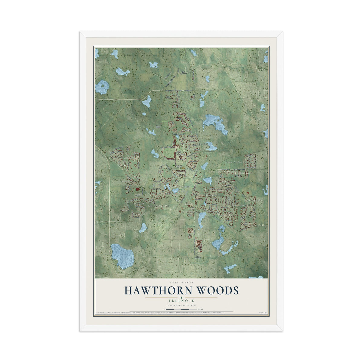 Map of Hawthorn Woods, Illinois, 12 x 18 inch print in a white wood frame