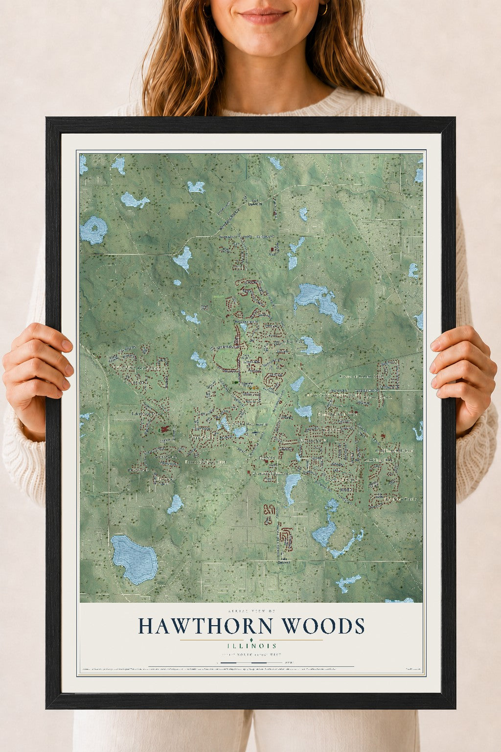 Map of Hawthorn Woods, Illinois, 18 x 24 inch print in a black wood frame
