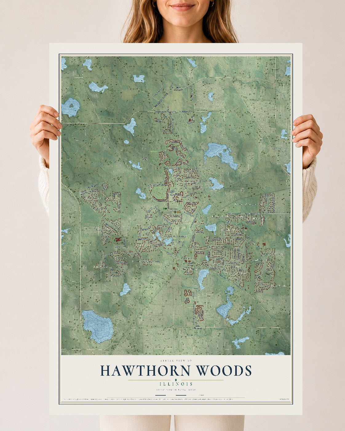 Map of Hawthorn Woods, Illinois, 24 x 36 inch unframed archival matte print