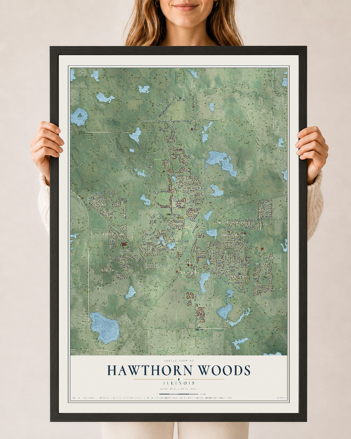 Map of Hawthorn Woods, Illinois, 24 x 36 inch print in a black wood frame