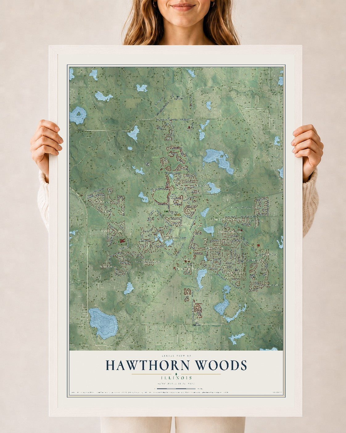 Map of Hawthorn Woods, Illinois, 24 x 36 inch print in a white wood frame