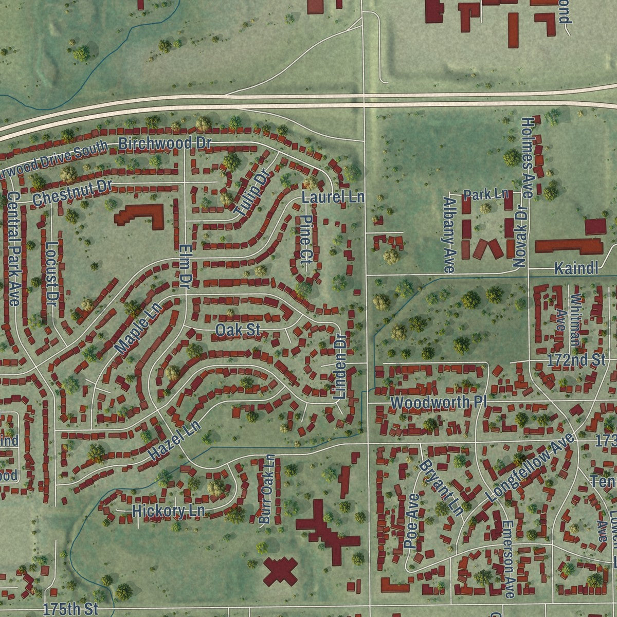 Close-up of the map of Hazel Crest, Illinois print showing street and building detail