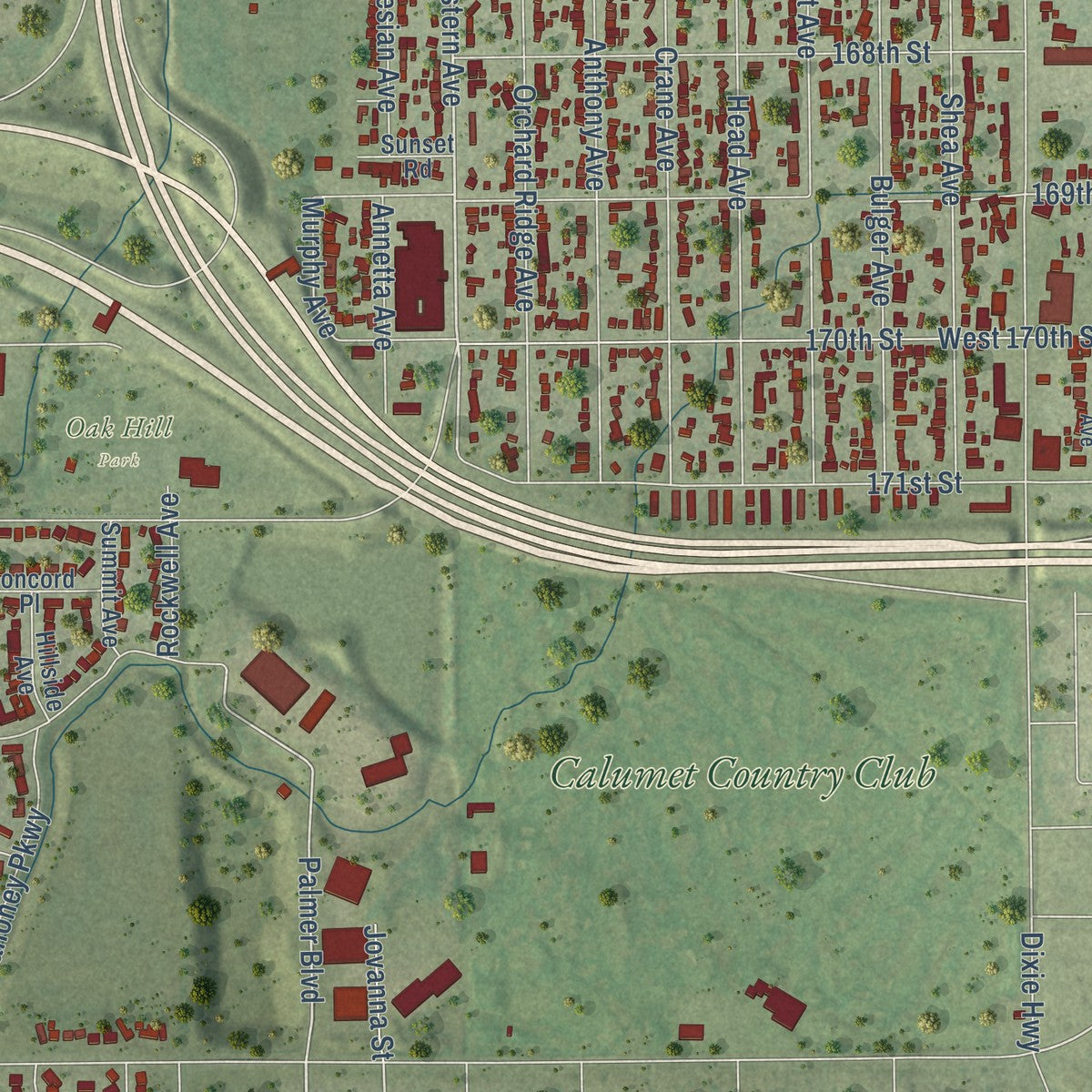 Second close-up of the map of Hazel Crest, Illinois print showing more streets and buildings