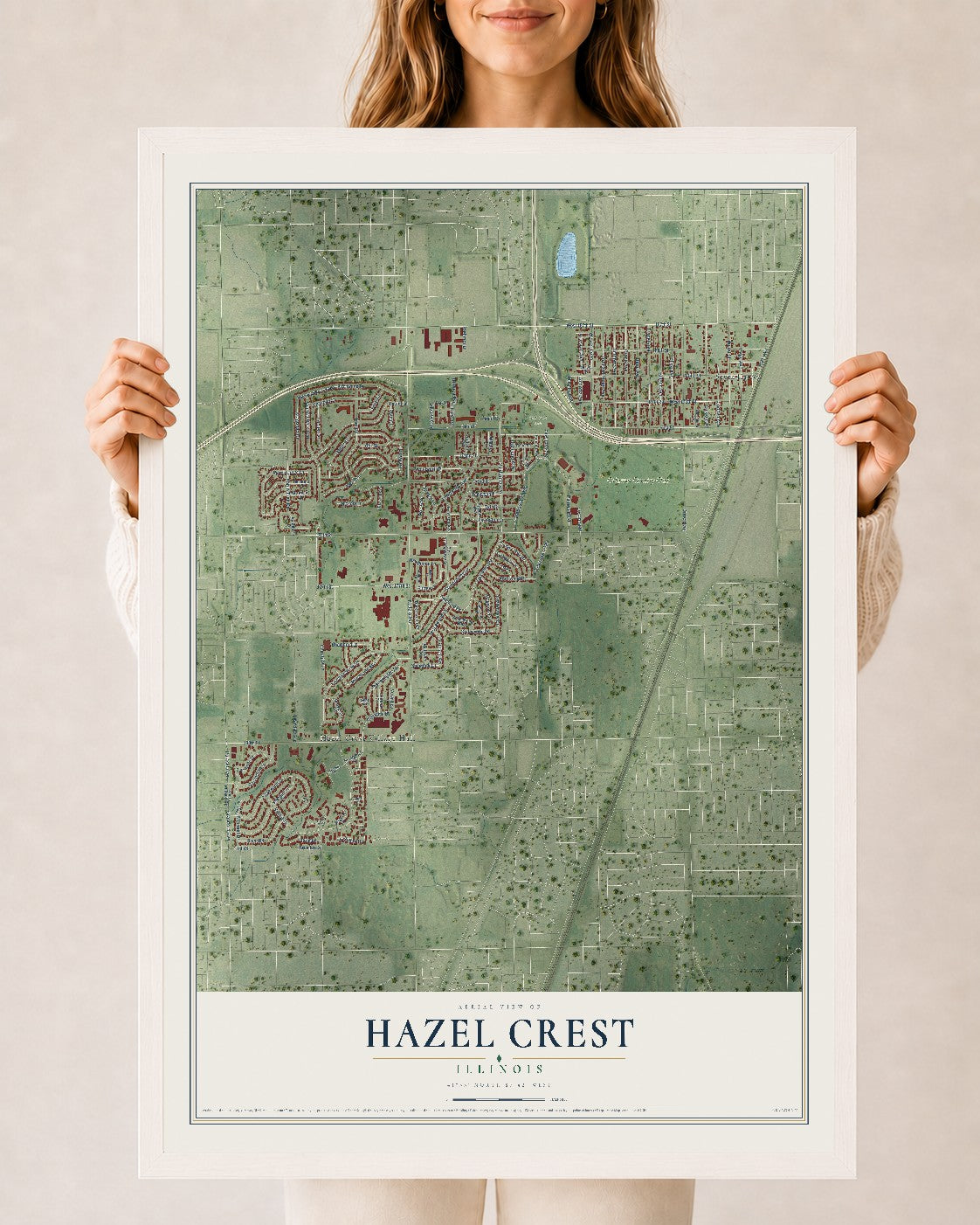 Map of Hazel Crest, Illinois, 24 x 36 inch print in a white wood frame