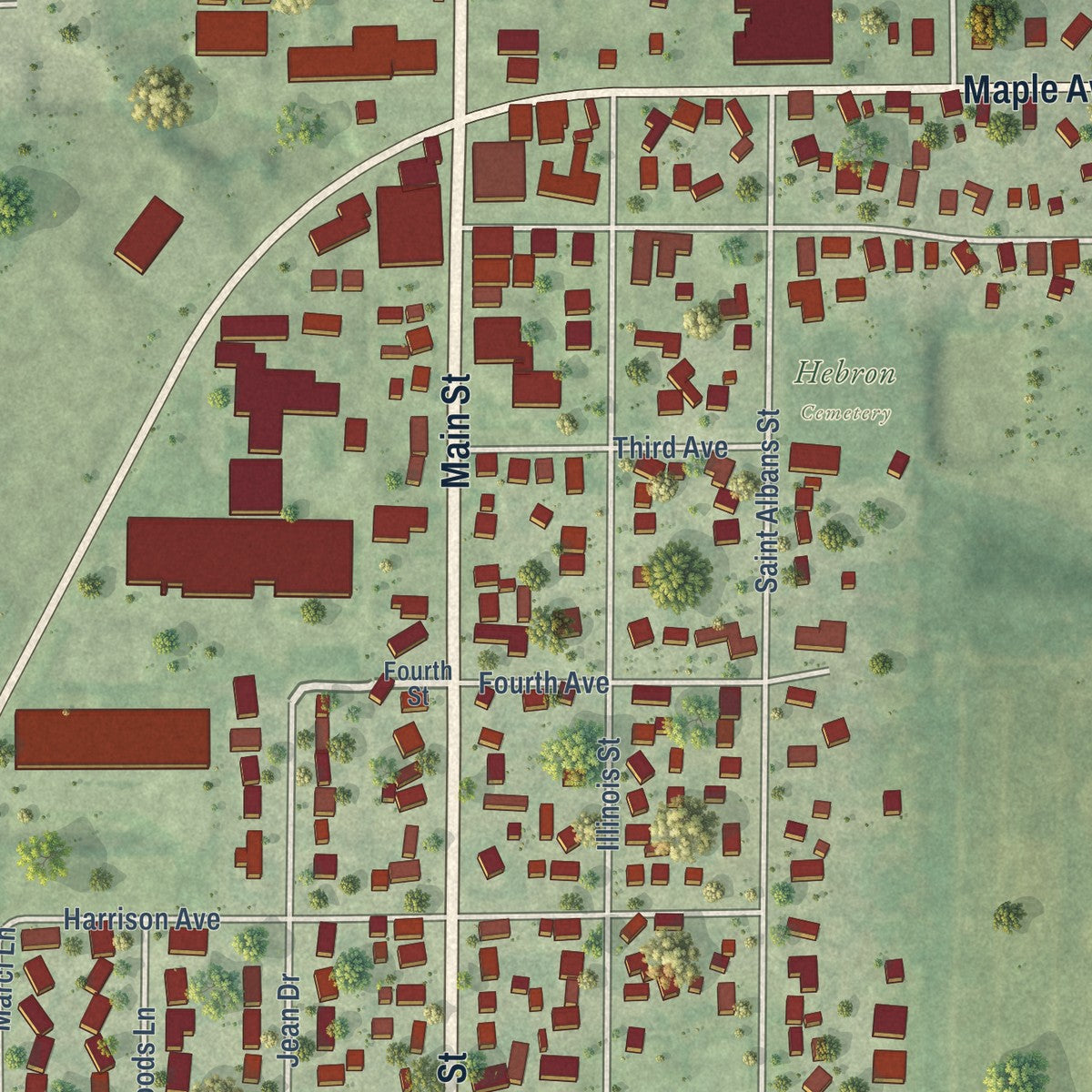 Close-up of the map of Hebron, Illinois print showing street and building detail