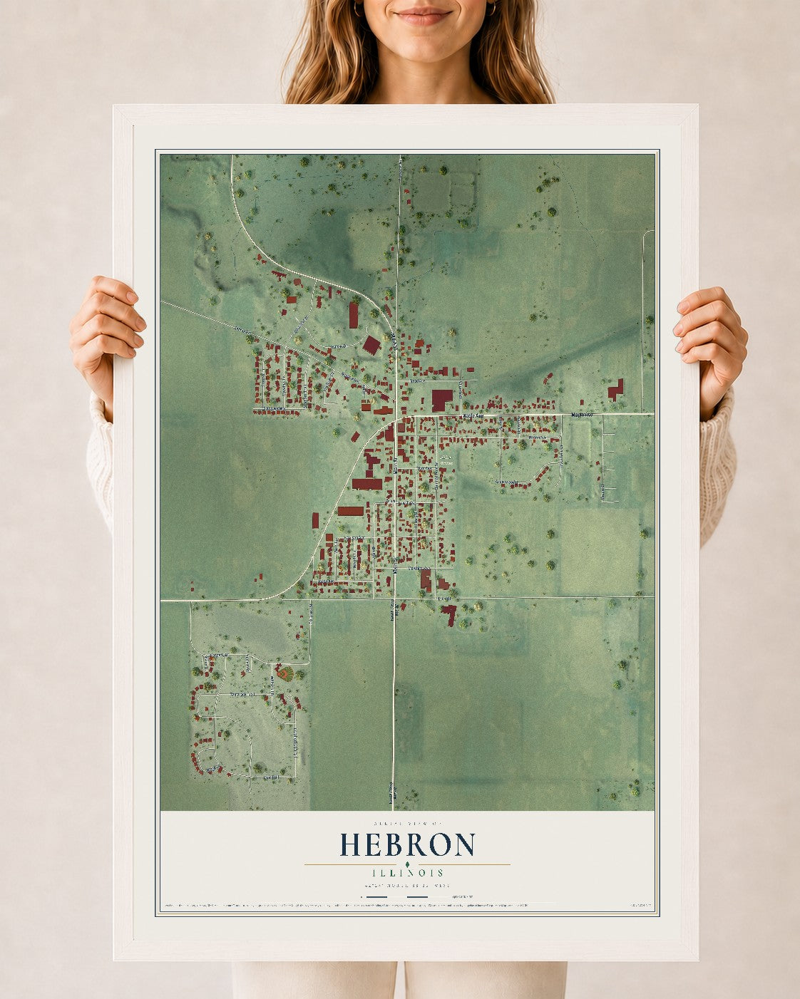 Map of Hebron, Illinois, 24 x 36 inch print in a white wood frame