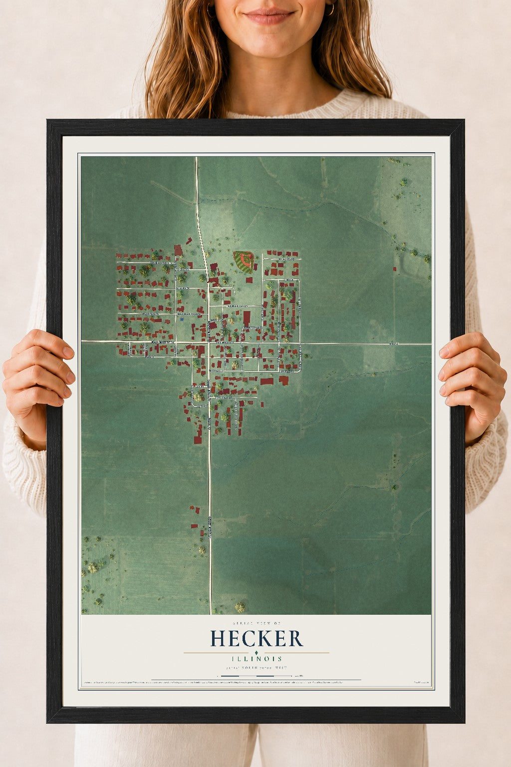 Map of Hecker, Illinois, 18 x 24 inch print in a black wood frame