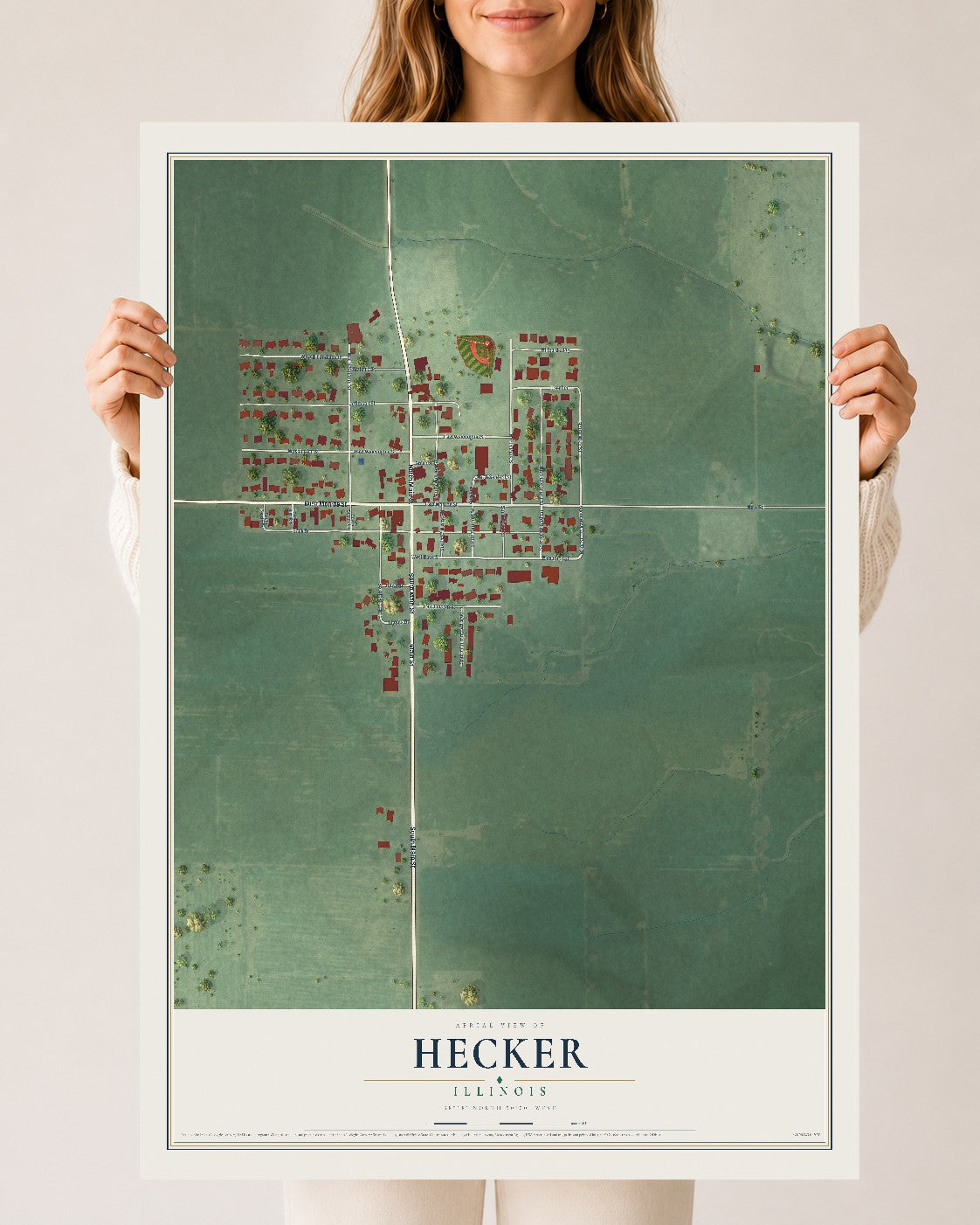 Map of Hecker, Illinois, 24 x 36 inch unframed archival matte print