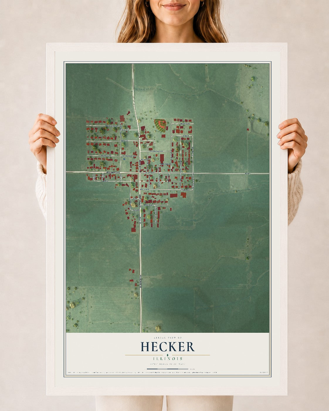 Map of Hecker, Illinois, 24 x 36 inch print in a white wood frame