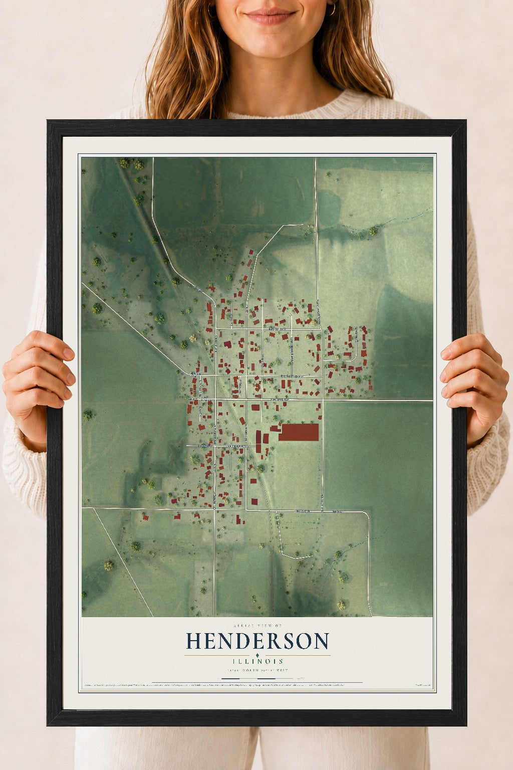 Map of Henderson, Illinois, 18 x 24 inch print in a black wood frame
