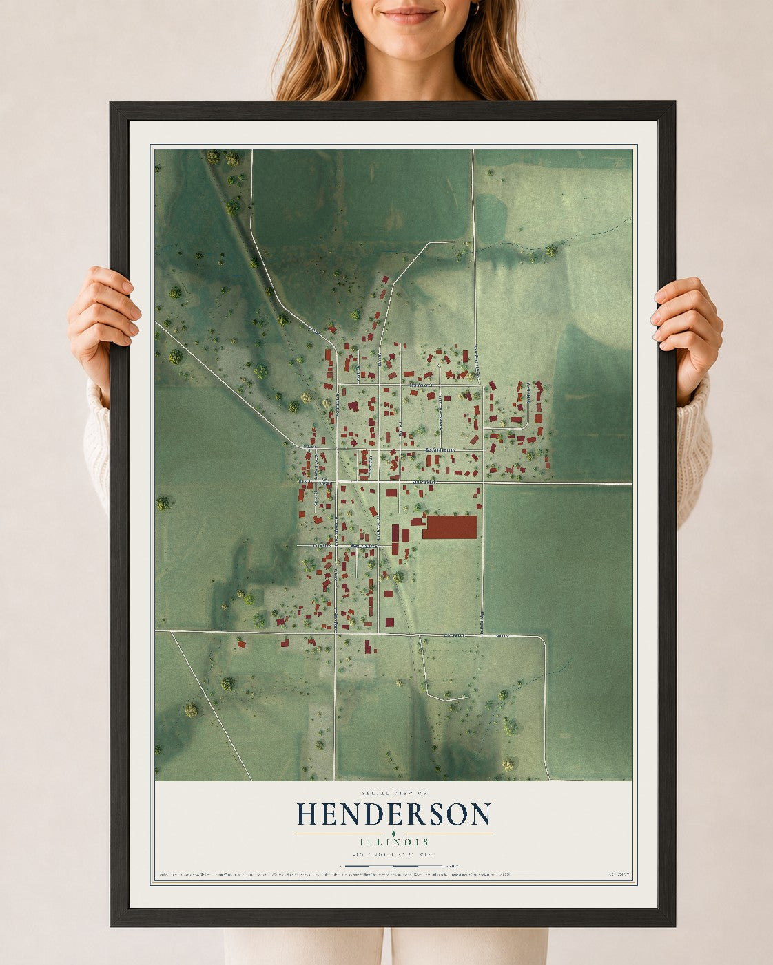 Map of Henderson, Illinois, 24 x 36 inch print in a black wood frame