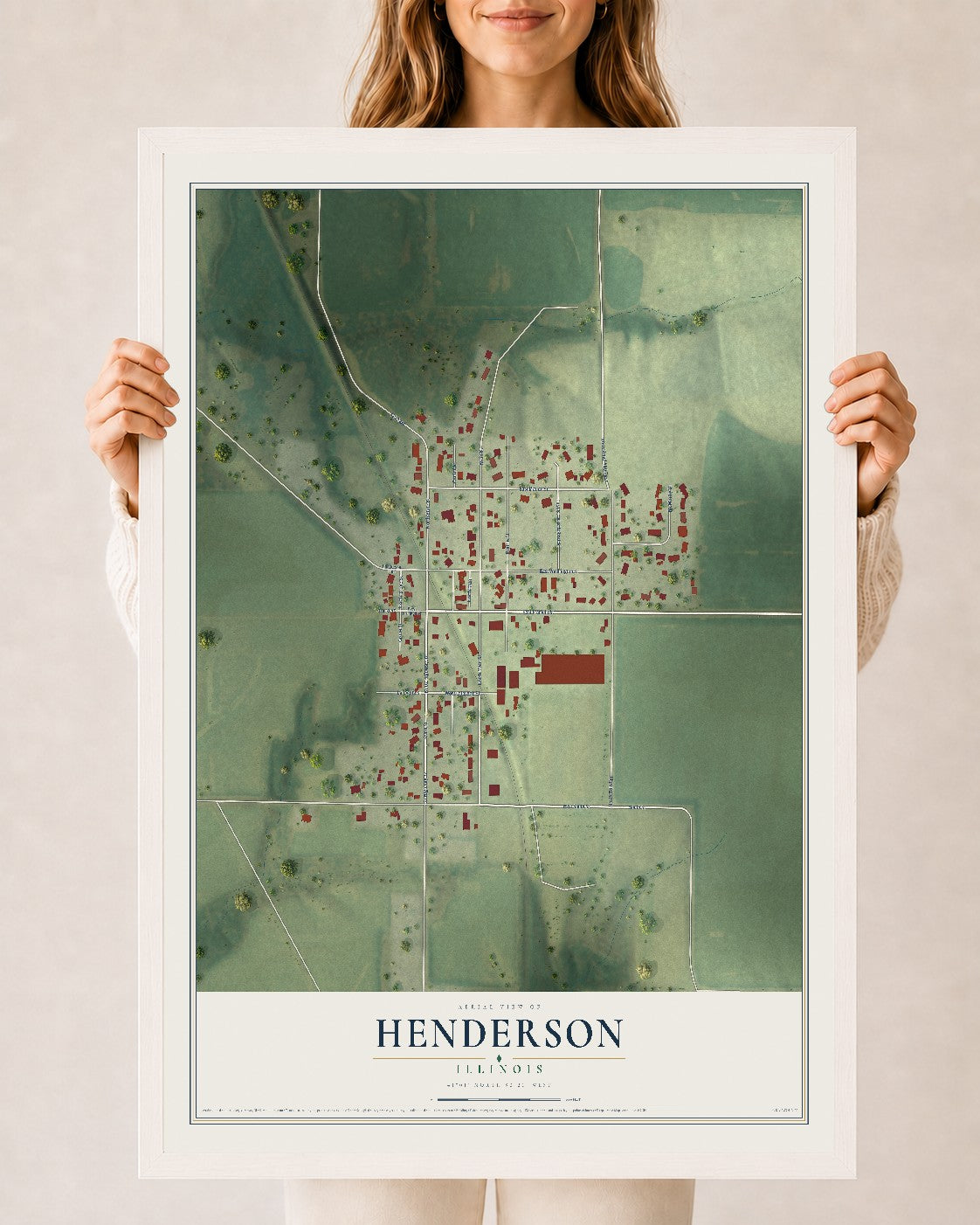 Map of Henderson, Illinois, 24 x 36 inch print in a white wood frame