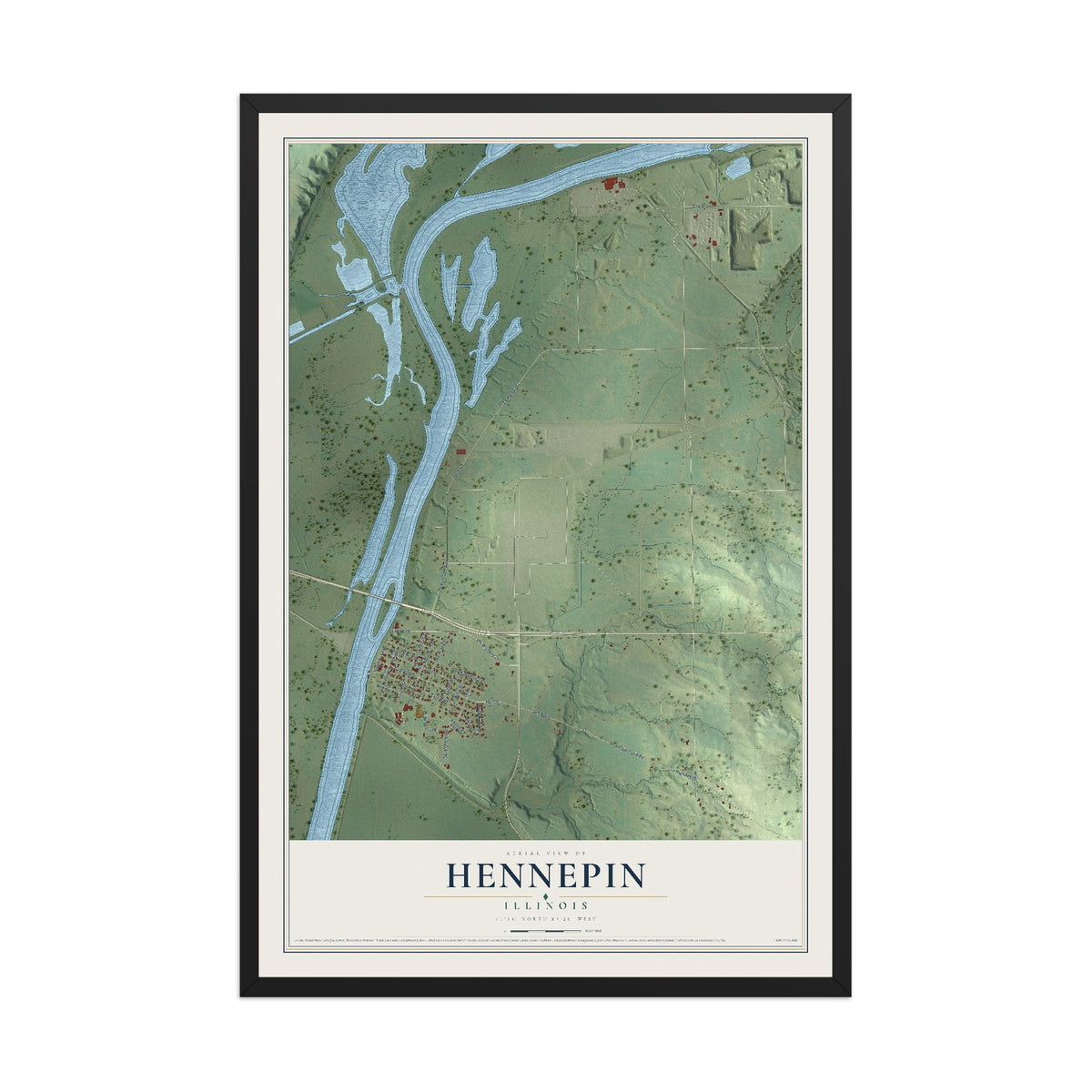 Map of Hennepin, Illinois, 12 x 18 inch print in a black wood frame