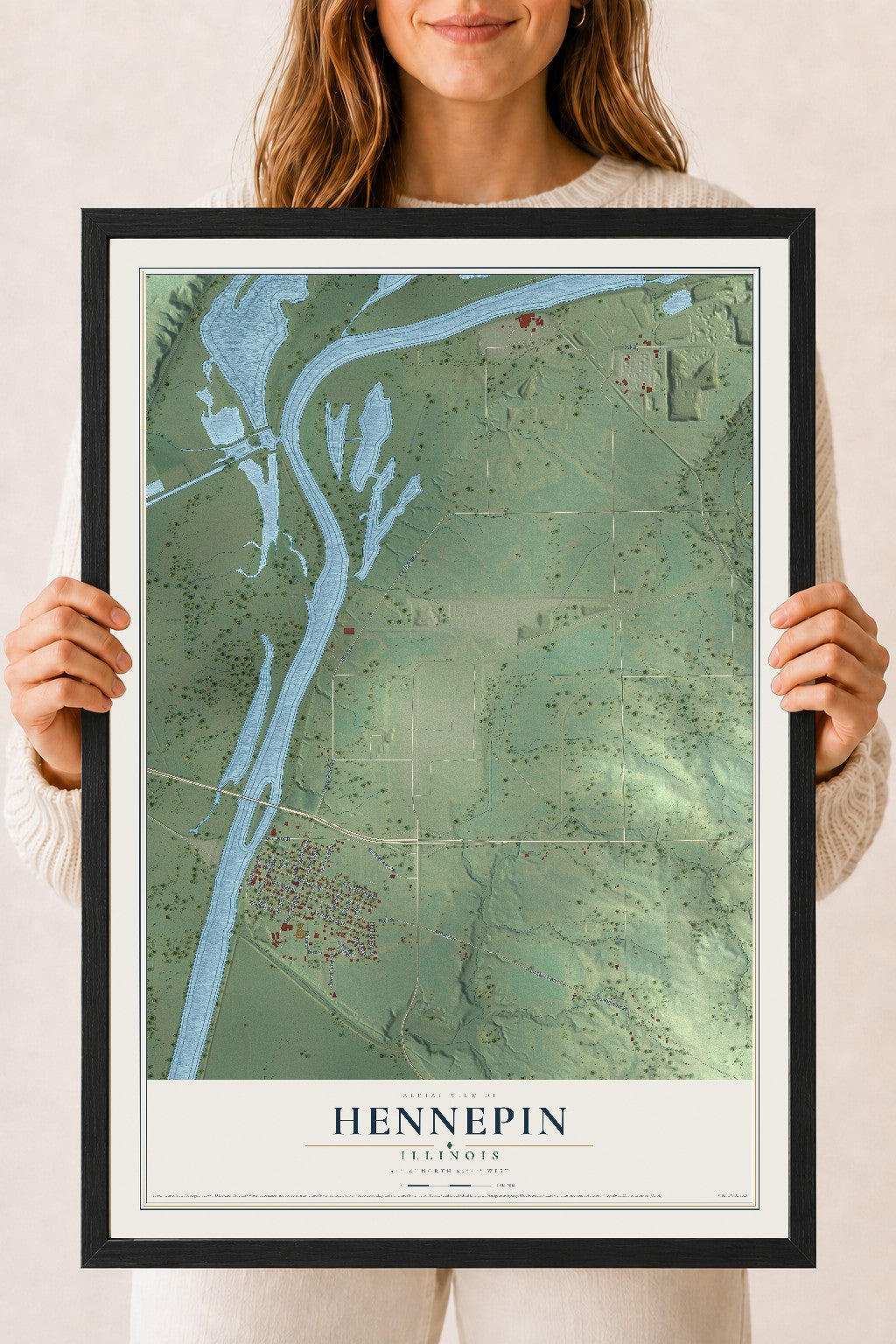 Map of Hennepin, Illinois, 18 x 24 inch print in a black wood frame