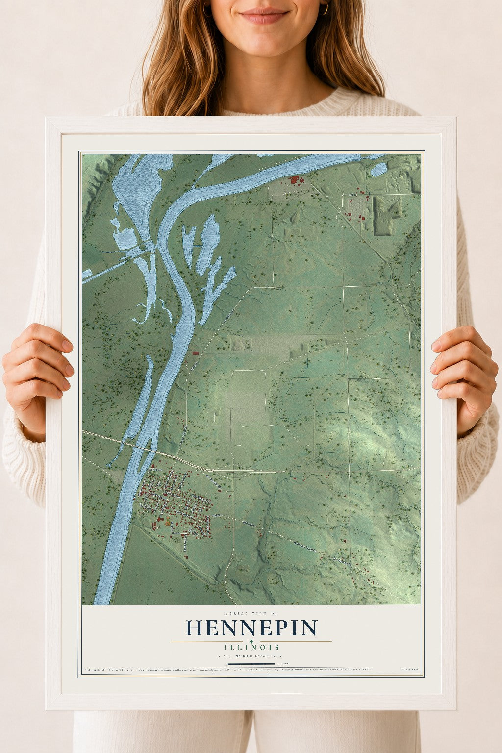 Map of Hennepin, Illinois, 18 x 24 inch print in a white wood frame