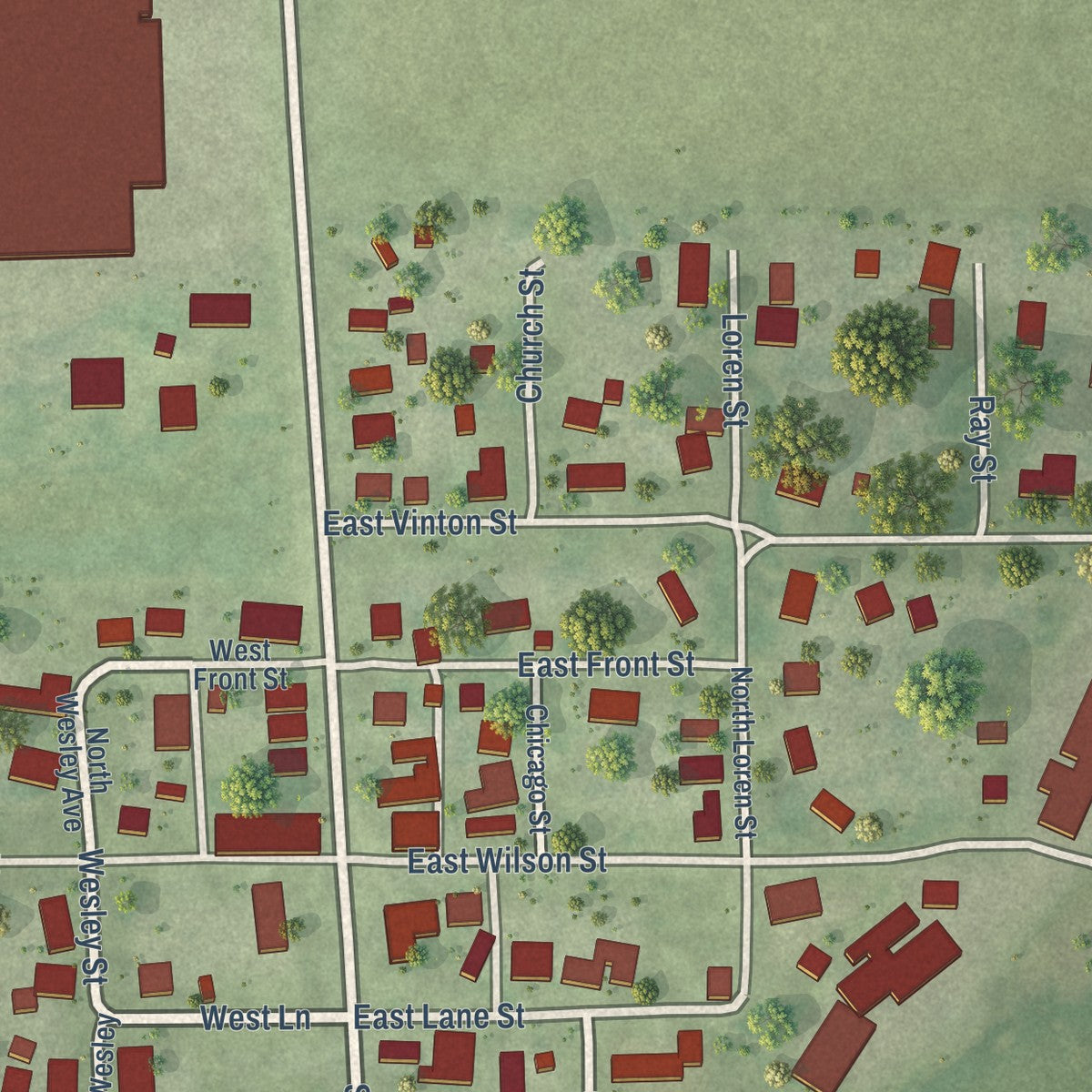 Close-up of the map of Henning, Illinois print showing street and building detail