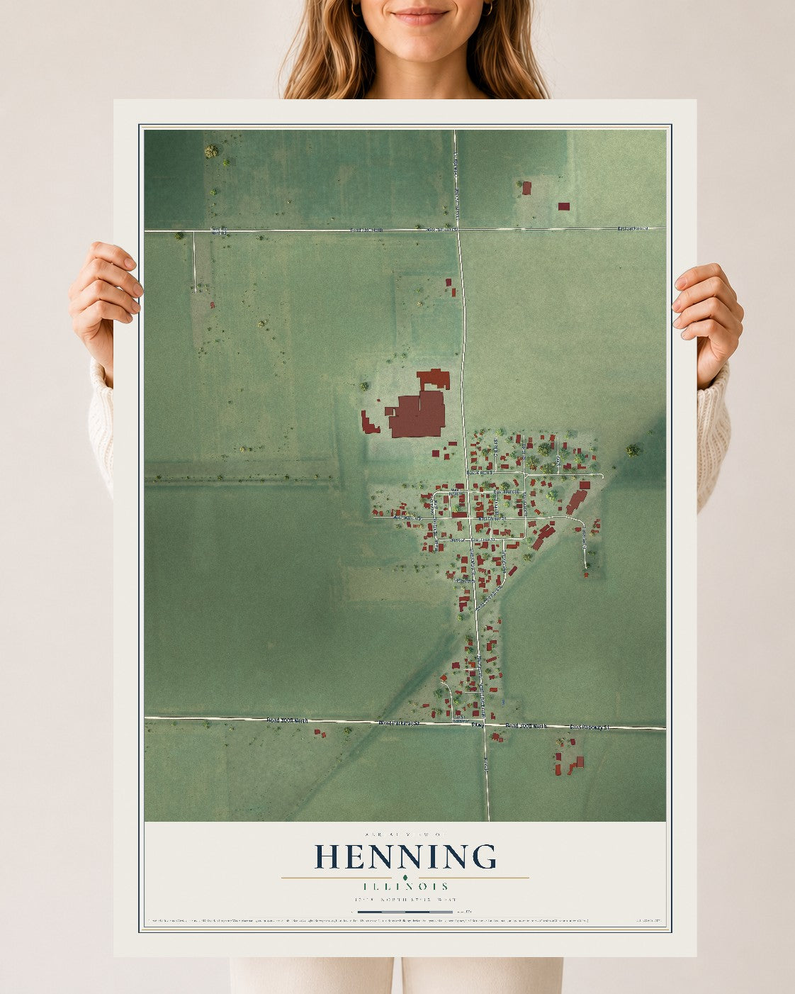 Map of Henning, Illinois, 24 x 36 inch unframed archival matte print