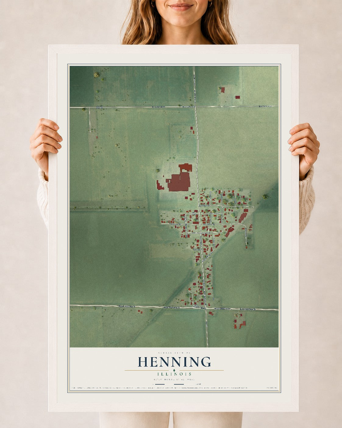 Map of Henning, Illinois, 24 x 36 inch print in a white wood frame