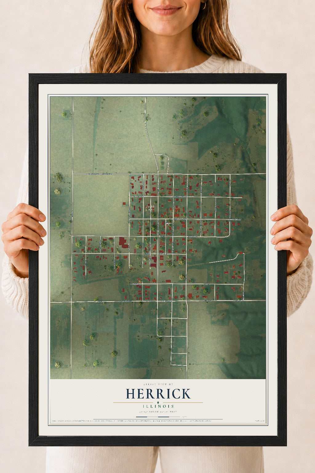 Map of Herrick, Illinois, 18 x 24 inch print in a black wood frame