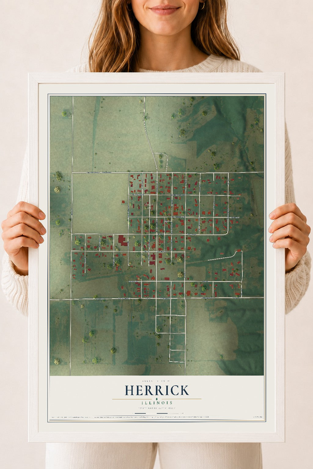 Map of Herrick, Illinois, 18 x 24 inch print in a white wood frame