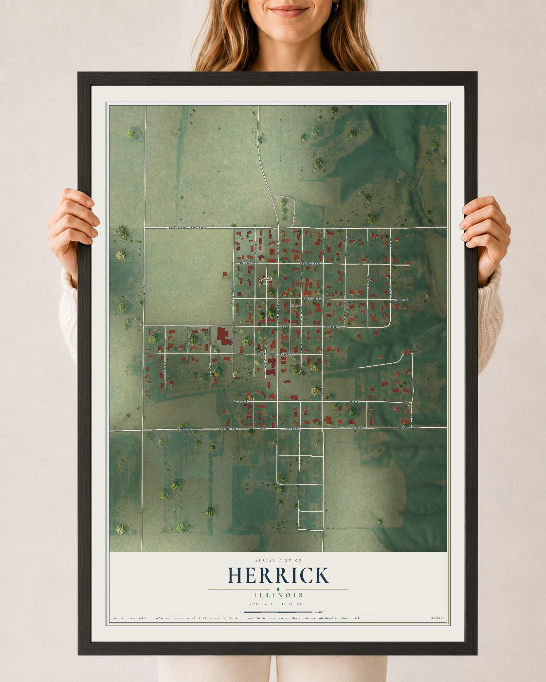 Map of Herrick, Illinois, 24 x 36 inch print in a black wood frame